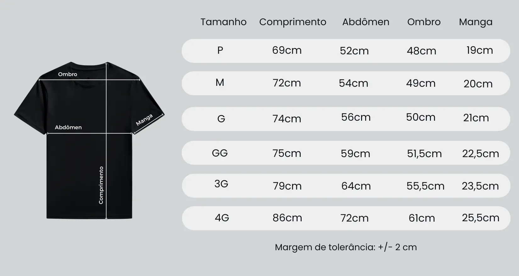 Tabela oficial de medidas da camiseta Clássica