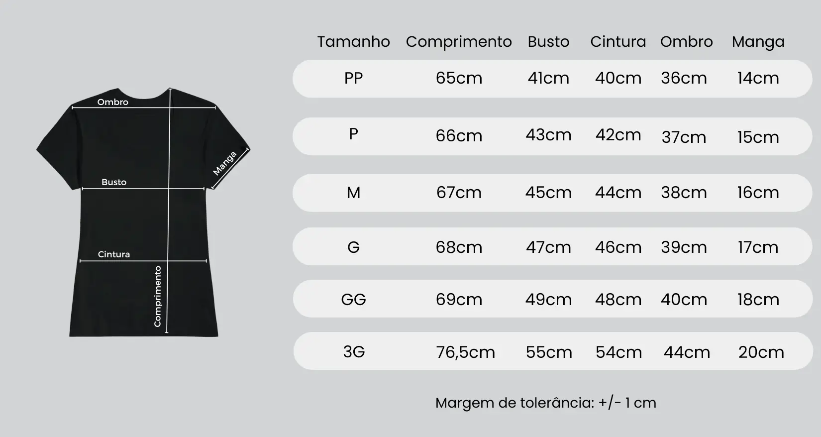 Tabela oficial de medidas da camiseta Feminina